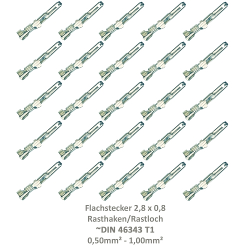 25 Flachstecker 2,8x0,8 Kabelschuh unisoliert 0,50²-1,00² Rasthaken Rastloch DIN