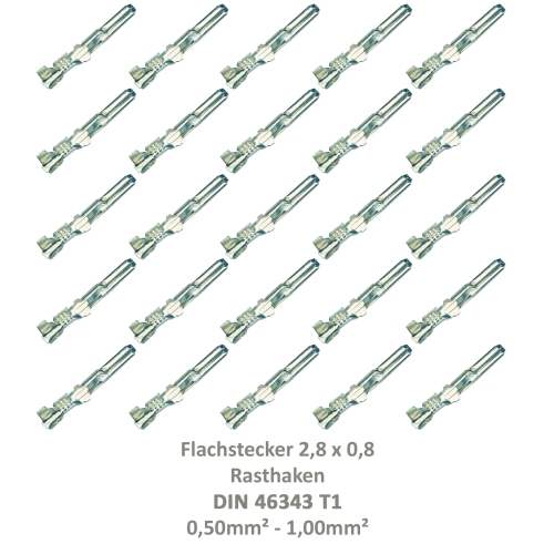 25 Flachstecker 2,8x0,8 Kabelschuh unisoliert 0,50²-1,00² Rasthaken DIN 46343 T1