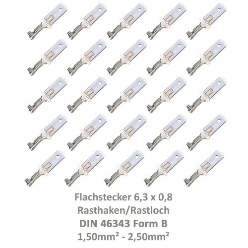 25 Flachstecker 6,3x0,8 Kabelschuh unisoliert 1,50² - 2,50² DIN 46343 Rastloch