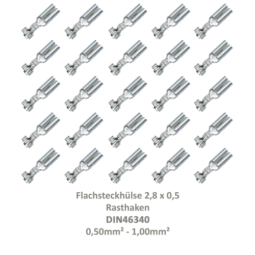 25 Flachsteckhülse 2,8x0,5 Kabelschuh unisoliert 0,50²-1,00² Rasthaken Rastzunge