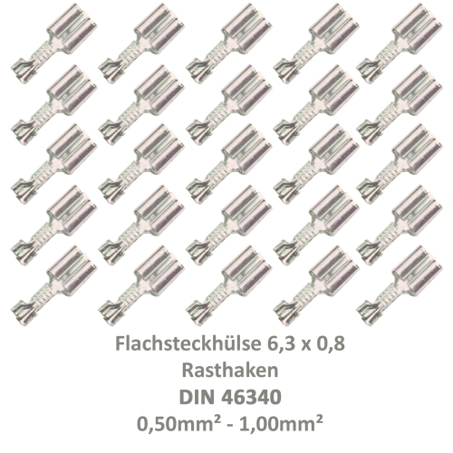 25 Flachsteckhülse 6,3x0,8 Kabelschuh unisoliert 0,50²-1,00² Rasthaken/Rastzunge