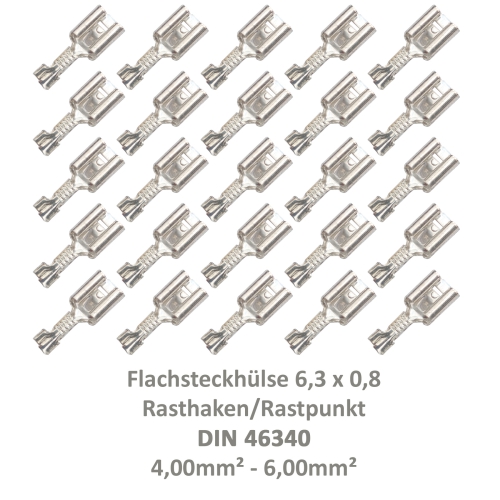 25 Flachsteckhülse 6,3x0,8 Kabelschuh unisoliert 4,00²-6,00² DIN 46340 Rasthaken