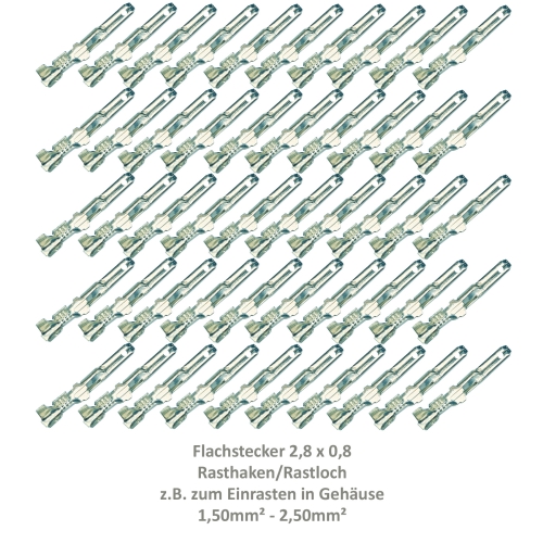 50 Flachstecker 2,8x0,8 Kabelschuh unisoliert 1,50²-2,50² Rasthaken Rastloch 