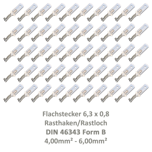 50 Flachstecker 6,3x0,8 Kabelschuh unisoliert 4,00² - 6,00² DIN 46343 Rastloch