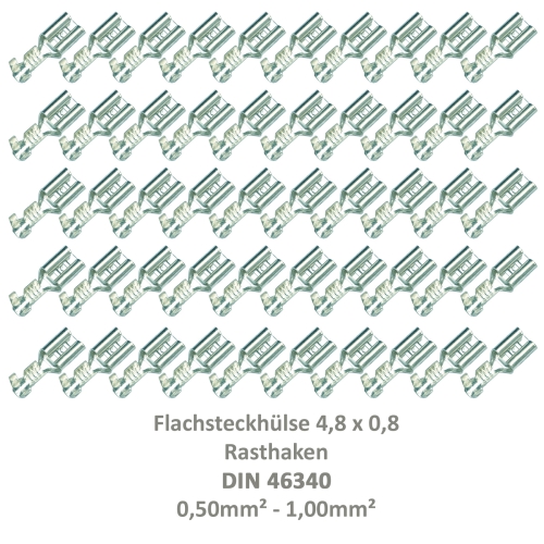 50 Flachsteckhülse 4,8x0,8 Kabelschuh unisoliert 0,5²-1,0² Rasthaken/Rastzunge