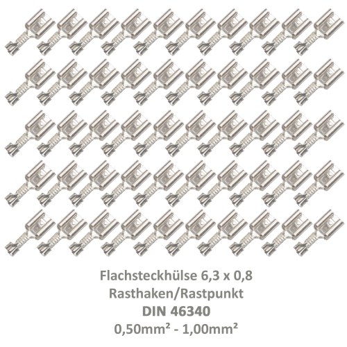 50 Flachsteckhülse 6,3x0,8 Kabelschuh unisoliert 0,50²-1,00² DIN 46340 Rasthaken