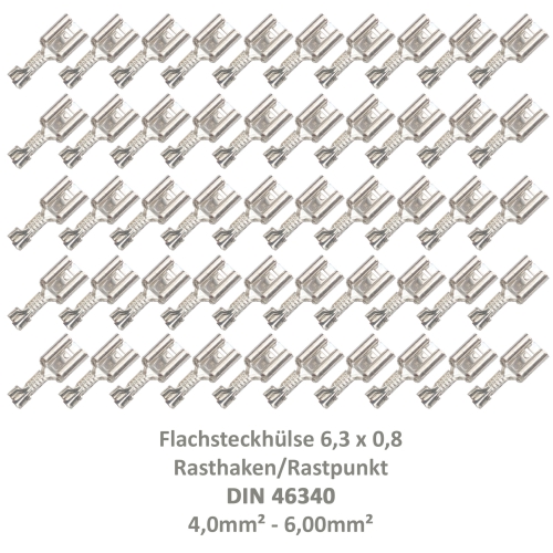 50 Flachsteckhülse 6,3x0,8 Kabelschuh unisoliert 4,00²-6,00² DIN 46340 Rasthaken