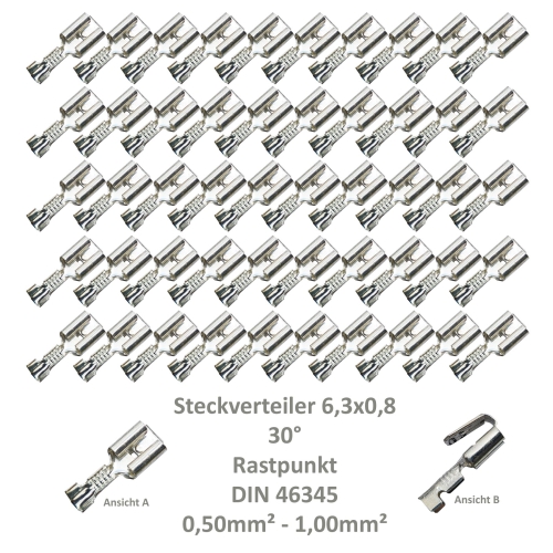 50 Steckverteiler Abzweiger Flachsteckhülse Flachstecker 6,3x0,8  0,5² DIN 46345