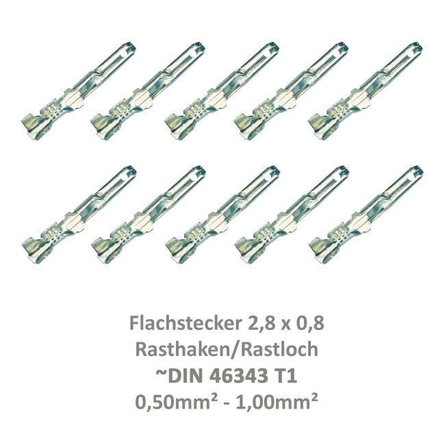 10 Flachstecker 2,8x0,8 Kabelschuh unisoliert 0,50²-1,00² Rasthaken Rastloch DIN