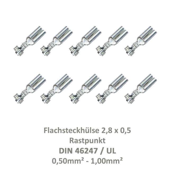 10 Flachsteckhülse 2,8x0,5 Kabelschuh unisoliert 0,50²-1,00² Rastpunkt DIN / UL