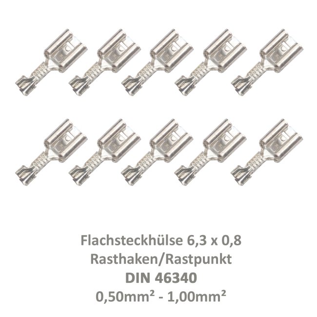 10 Flachsteckhülse 6,3x0,8 Kabelschuh unisoliert 0,50²-1,00² DIN 46340 Rasthaken