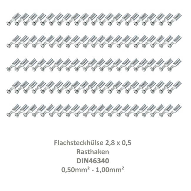 100 Flachsteckhülse 2,8x0,5 Kabelschuh unisoliert 0,50²-1,0² Rasthaken/Rastzunge