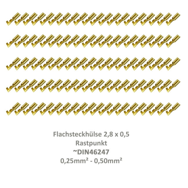 100 Flachsteckhülse 2,8x0,5 Kabelschuh unisoliert 0,25²-0,50² Rastpunkt Fahrrad