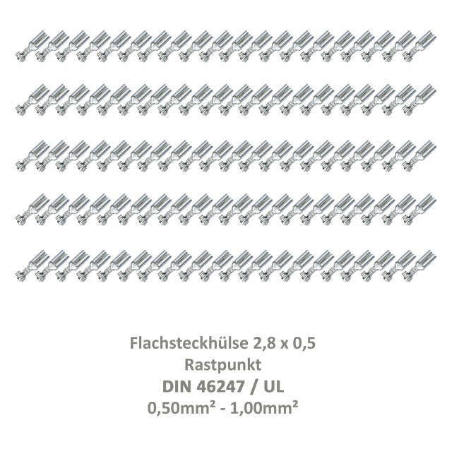 100 Flachsteckhülse 2,8x0,5 Kabelschuh unisoliert 0,50²-1,00² Rastpunkt DIN / UL