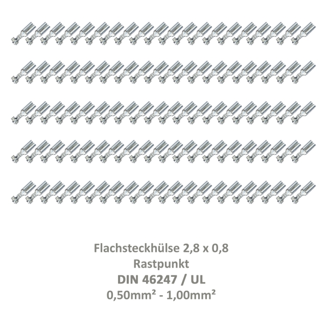 100 Flachsteckhülse 2,8x0,8 Kabelschuh unisoliert 0,50²-1,00² Rastpunkt DIN / UL