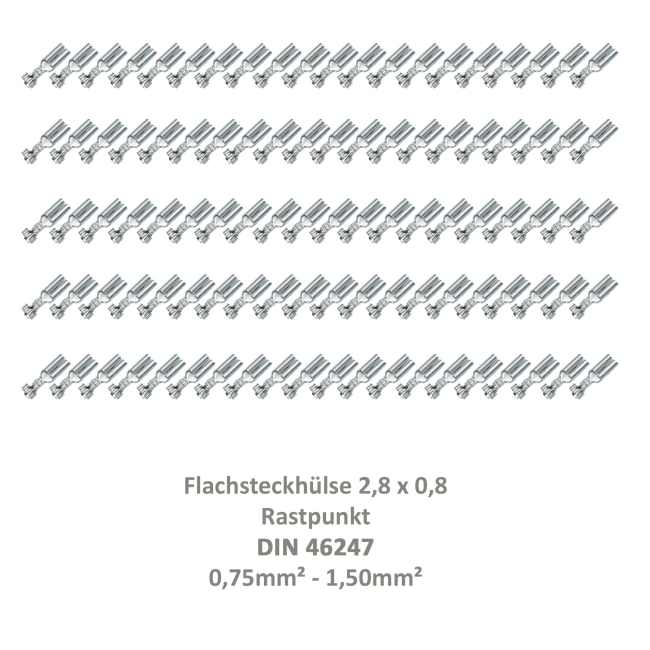 100 Flachsteckhülse 2,8x0,8 Kabelschuh unisoliert 0,75²-1,5² Rastpunkt DIN 46247