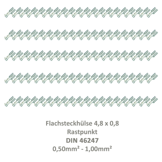 100 Flachsteckhülse 4,8x0,8 Kabelschuh unisoliert 0,50² - 1,00²  Rastpunkt DIN 46247