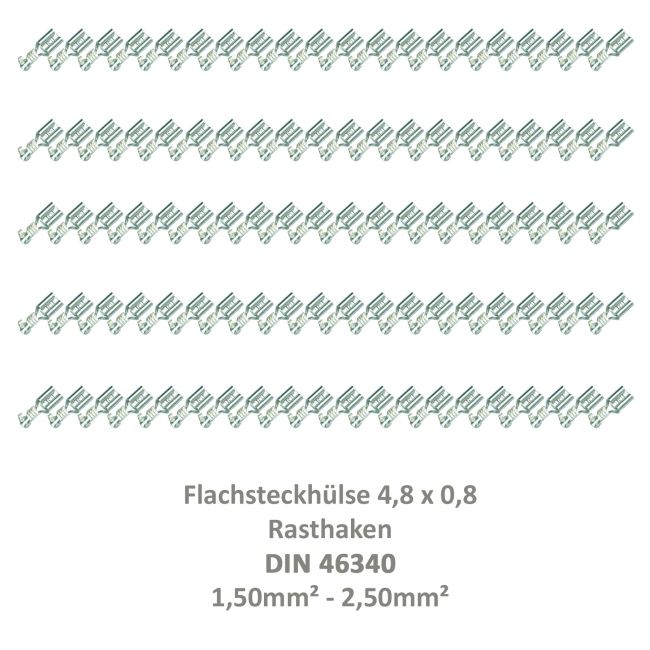 100 Flachsteckhülse 4,8x0,8 Kabelschuh unisoliert 1,00²-2,50² Rasthaken/Rastpunkt