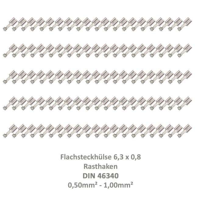 100 Flachsteckhülse 6,3x0,8 Kabelschuh unisoliert 0,50²-1,00² Rasthaken/Rastzunge