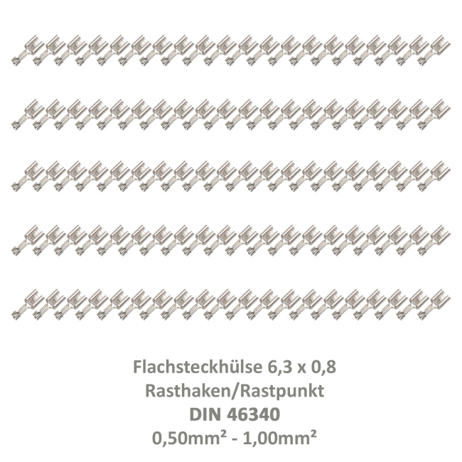 100 Flachsteckhülse 6,3x0,8 Kabelschuh unisoliert 0,5²-1,00² DIN 46340 Rasthaken