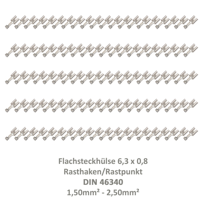 100 Flachsteckhülse 6,3x0,8 Kabelschuh unisoliert 1,5²-2,50² DIN 46340 Rasthaken