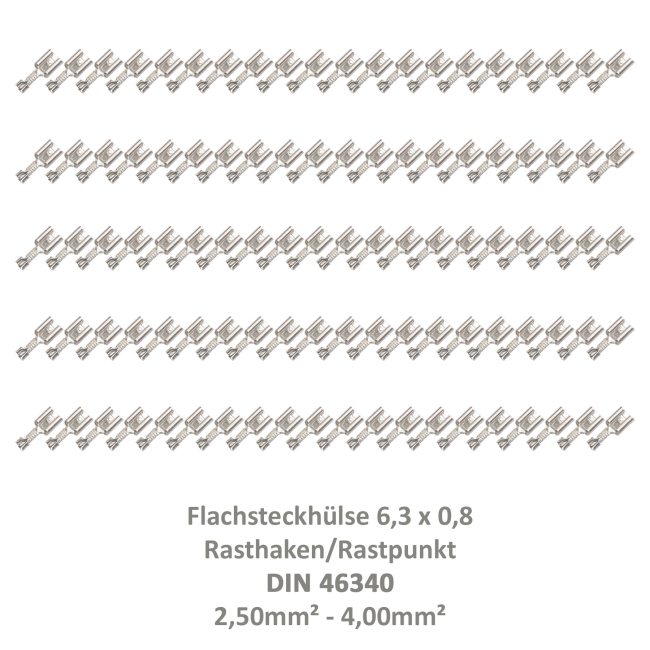 100 Flachsteckhülse 6,3x0,8 Kabelschuh unisoliert 2,5²-4,00² DIN 46340 Rasthaken