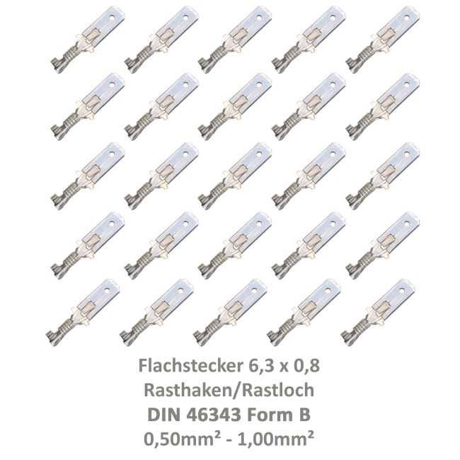 25 Flachstecker 6,3x0,8 Kabelschuh unisoliert 0,50² - 1,00² DIN 46343 Rastloch