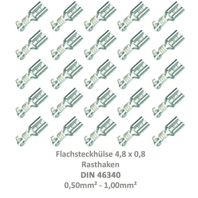 25 Flachsteckhülse 4,8x0,8 Kabelschuh unisoliert 0,5²-1,0² Rasthaken/Rastzunge