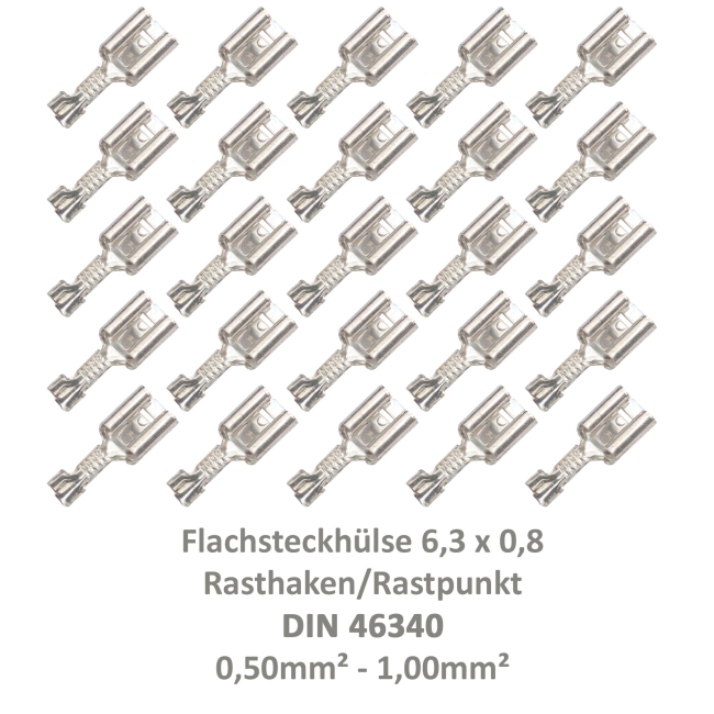 25 Flachsteckhülse 6,3x0,8 Kabelschuh unisoliert 0,50²-1,00² DIN 46340 Rasthaken