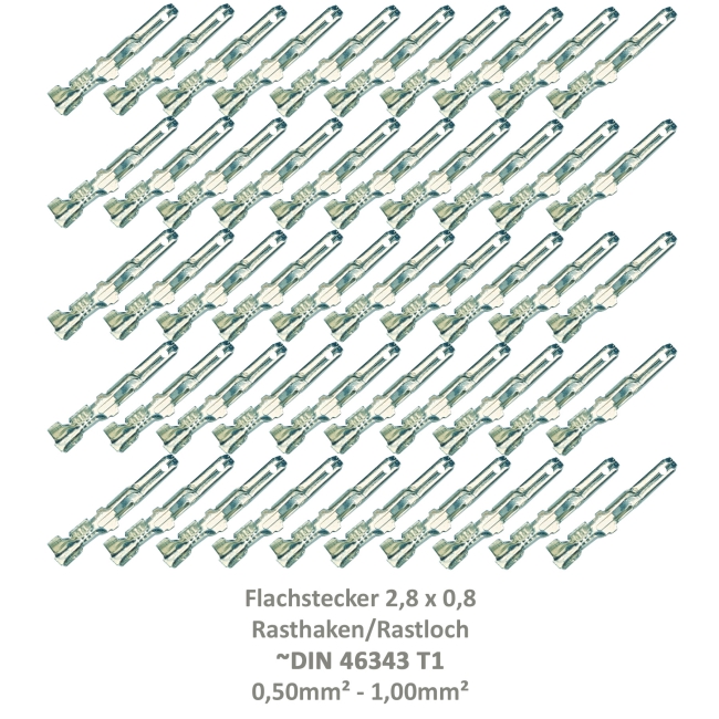 50 Flachstecker 2,8x0,8 Kabelschuh unisoliert 0,50²-1,00² Rasthaken Rastloch DIN