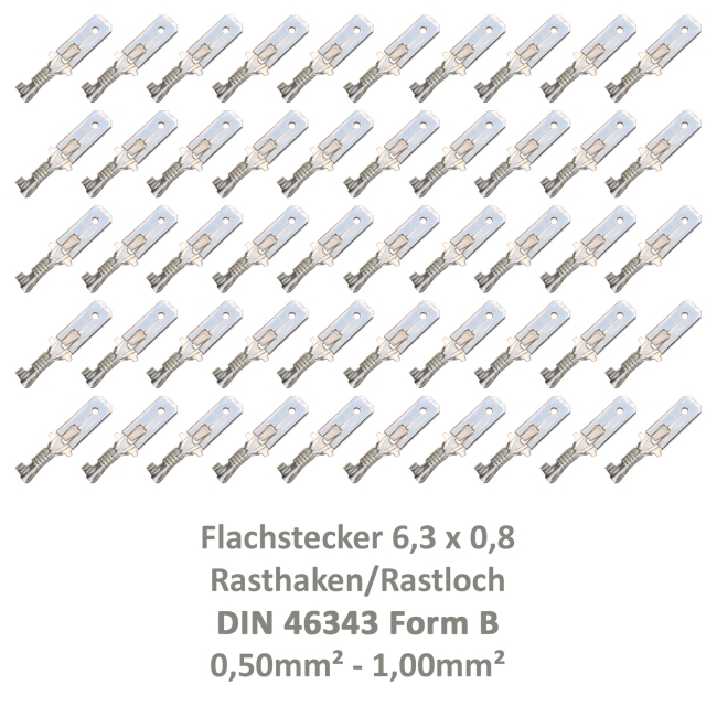 50 Flachstecker 6,3x0,8 Kabelschuh unisoliert 0,50² - 1,00² DIN 46343 Rastloch