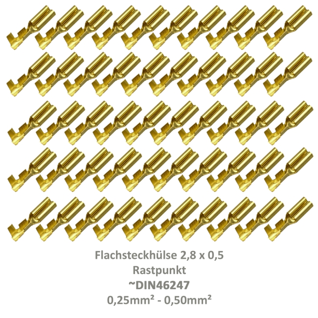 50 Flachsteckhülse 2,8x0,5 Kabelschuh unisoliert 0,25²-0,50² Rastpunkt Fahrrad