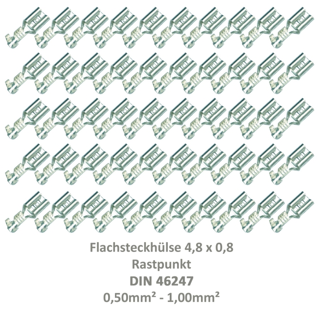 50 Flachsteckhülse 4,8x0,8 Kabelschuh unisoliert 0,50² - 1,00²  Rastpunkt DIN 46247