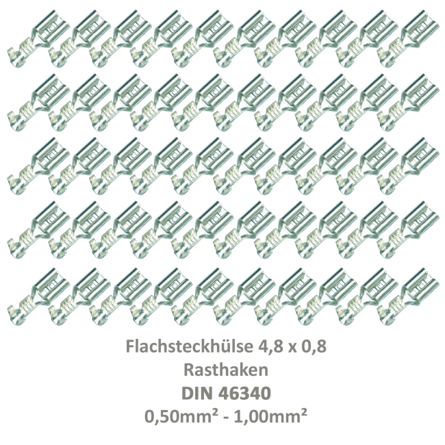 50 Flachsteckhülse 4,8x0,8 Kabelschuh unisoliert 0,5²-1,0² Rasthaken/Rastzunge