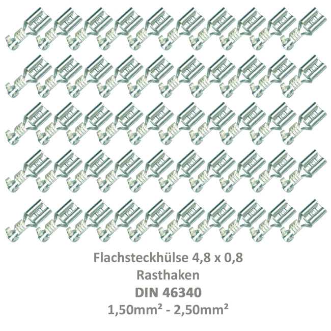 50 Flachsteckhülse 4,8x0,8 Kabelschuh unisoliert 1,00²-2,50² Rasthaken/Rastpunkt