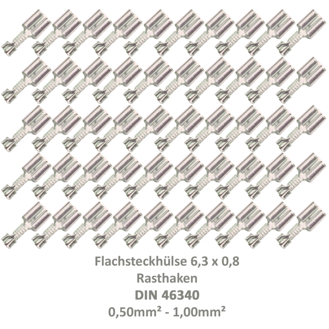 50 Flachsteckhülse 6,3x0,8 Kabelschuh unisoliert 0,50²-1,00² Rasthaken/Rastzunge