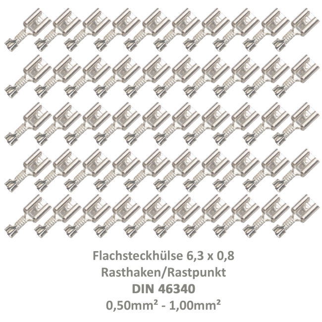 50 Flachsteckhülse 6,3x0,8 Kabelschuh unisoliert 0,50²-1,00² DIN 46340 Rasthaken