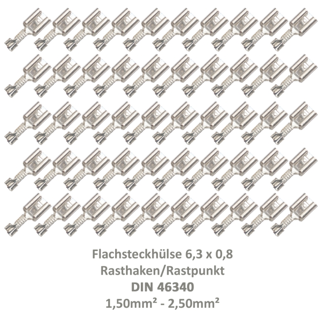 50 Flachsteckhülse 6,3x0,8 Kabelschuh unisoliert 1,50²-2,50² DIN 46340 Rasthaken