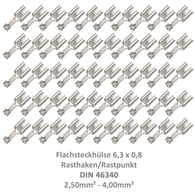 50 Flachsteckhülse 6,3x0,8 Kabelschuh unisoliert 2,50²-4,00² DIN 46340 Rasthaken