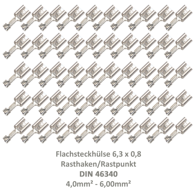 50 Flachsteckhülse 6,3x0,8 Kabelschuh unisoliert 4,00²-6,00² DIN 46340 Rasthaken