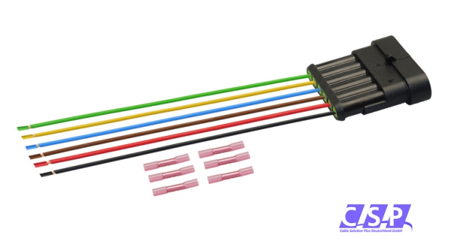 Superseal 6-polig konfektioniertes Stiftgehäuse, 250mm, Leitung FLRY 0,50mm², Schrumpfverbinder